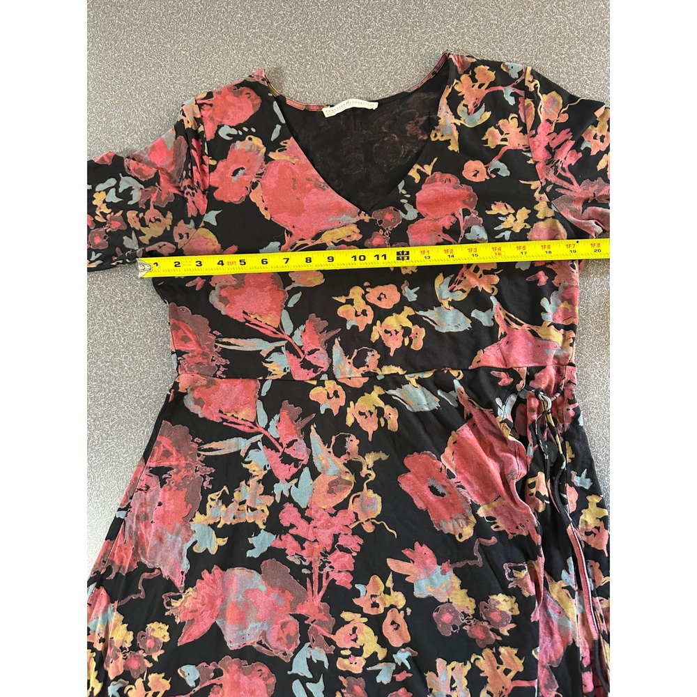 Peruvian Connection Floral Surplice Wrap Dress Large Black Pink Boho - Picture 4 of 6